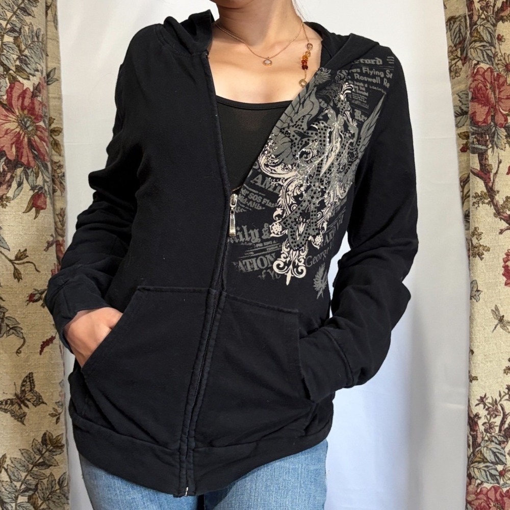 Los Angeles by Bus Stop Black Grunge graphic zip up with rhinestone detailing
